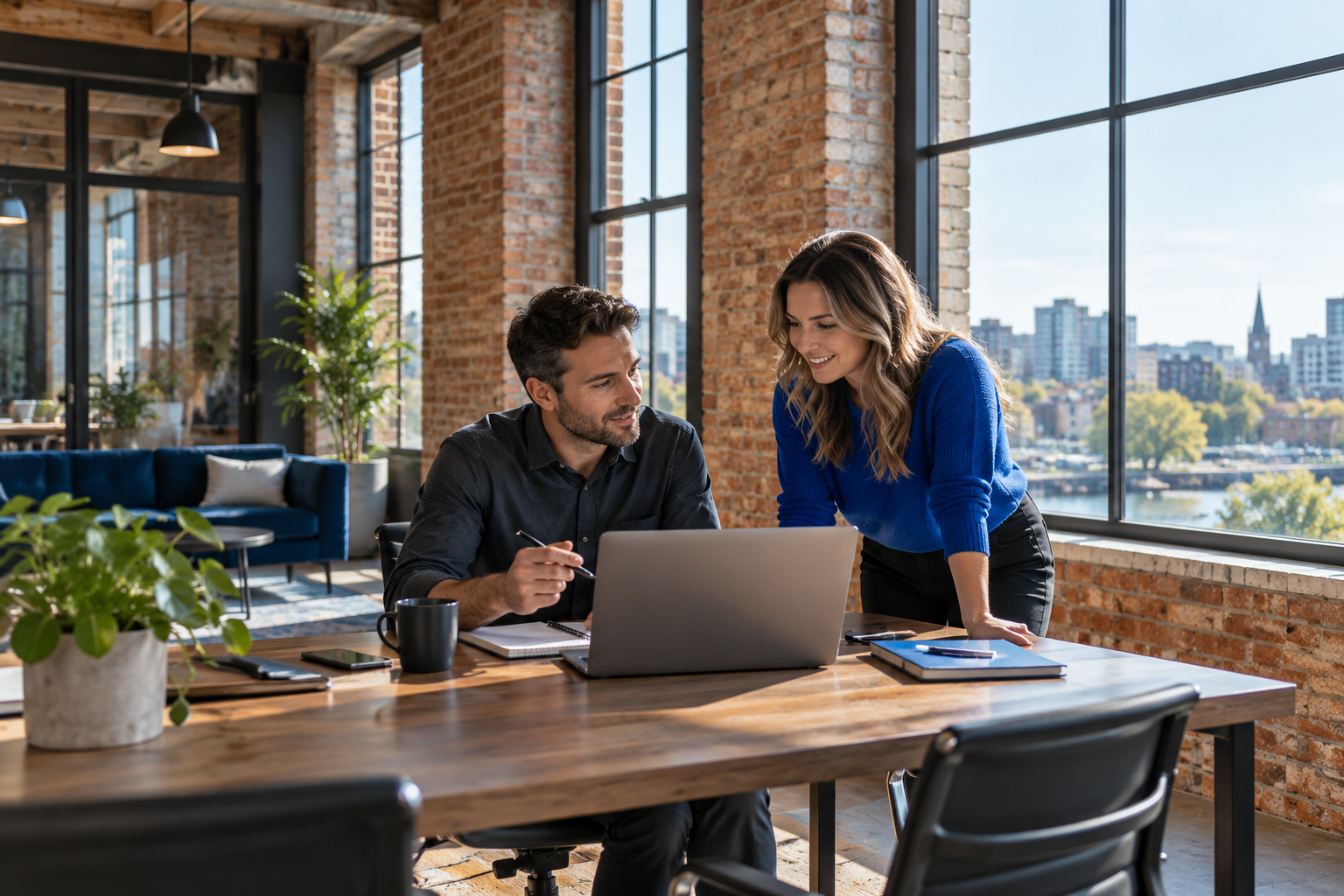 Illustrative scene of two professionals collaborating in a bright brick and glass workspace